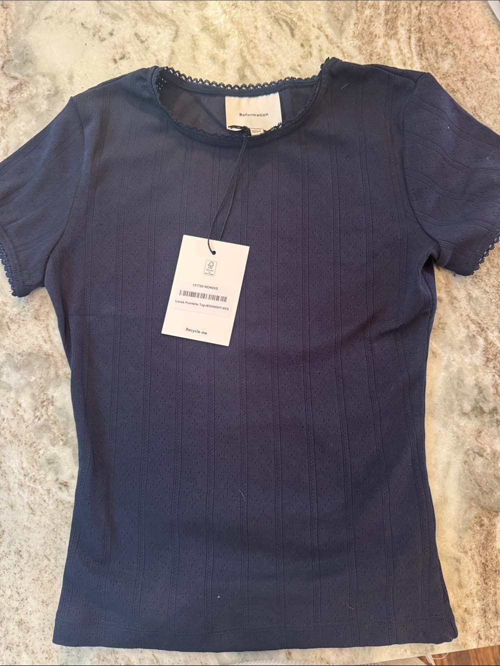 Reformation Lucas Pointelle Navy Short Sleeve Tee with Scalloped Edge